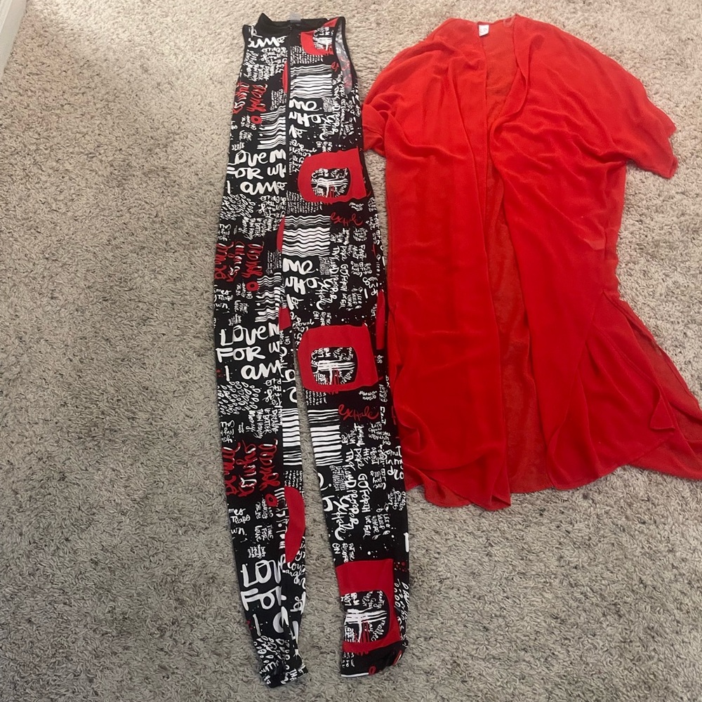 Inc USA black and red jumpsuit with lettering and red duster. Size small